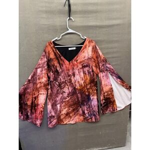 Askari Blouse Womens Large Pink Brown Abstract Flare Sleeve V Neck Art Top USA